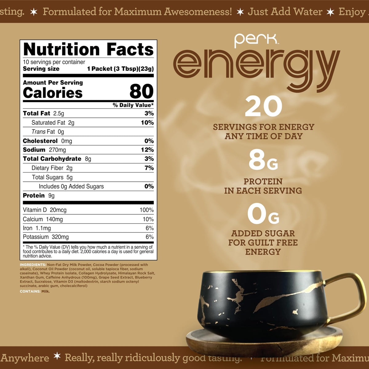Perk Energy Dutch Hot Cocoa prepared drink in glass highlighting protein and morning energy