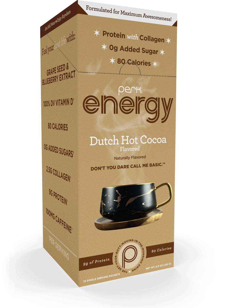 Perk Energy Dutch Hot Cocoa stick pack for a quick protein and caffeine boost