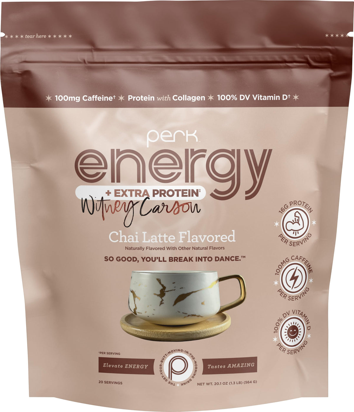 Perk Energy + Extra Protein Powder chai latte bottle offers a steady caffeine boost for busy mornings