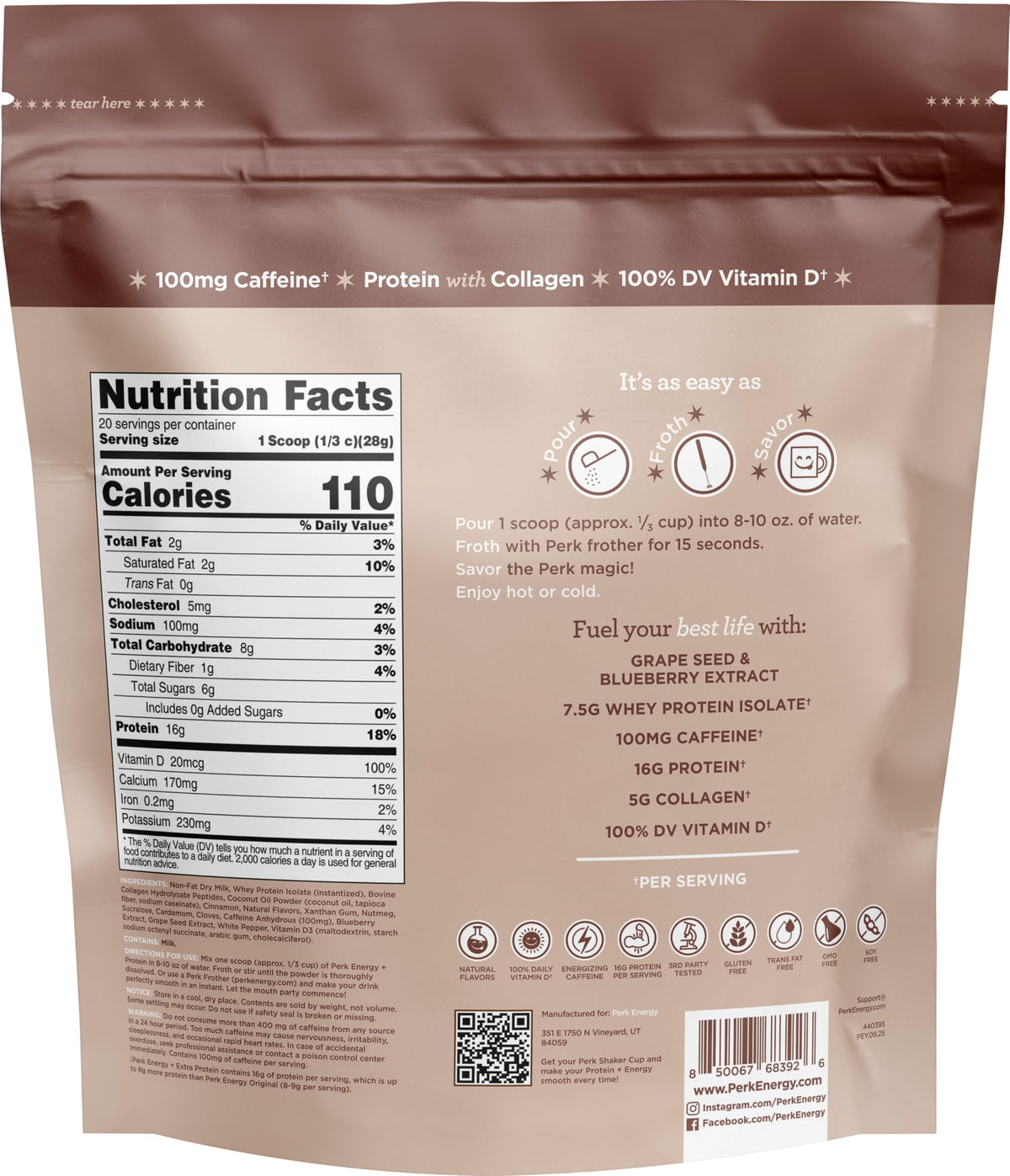 Perk Energy + Extra Protein Powder label emphasizes collagen and vitamin D for daily wellness