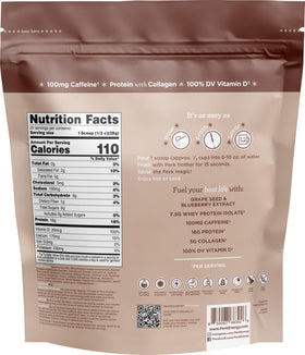 Perk Energy + Extra Protein Powder label emphasizes collagen and vitamin D for daily wellness
