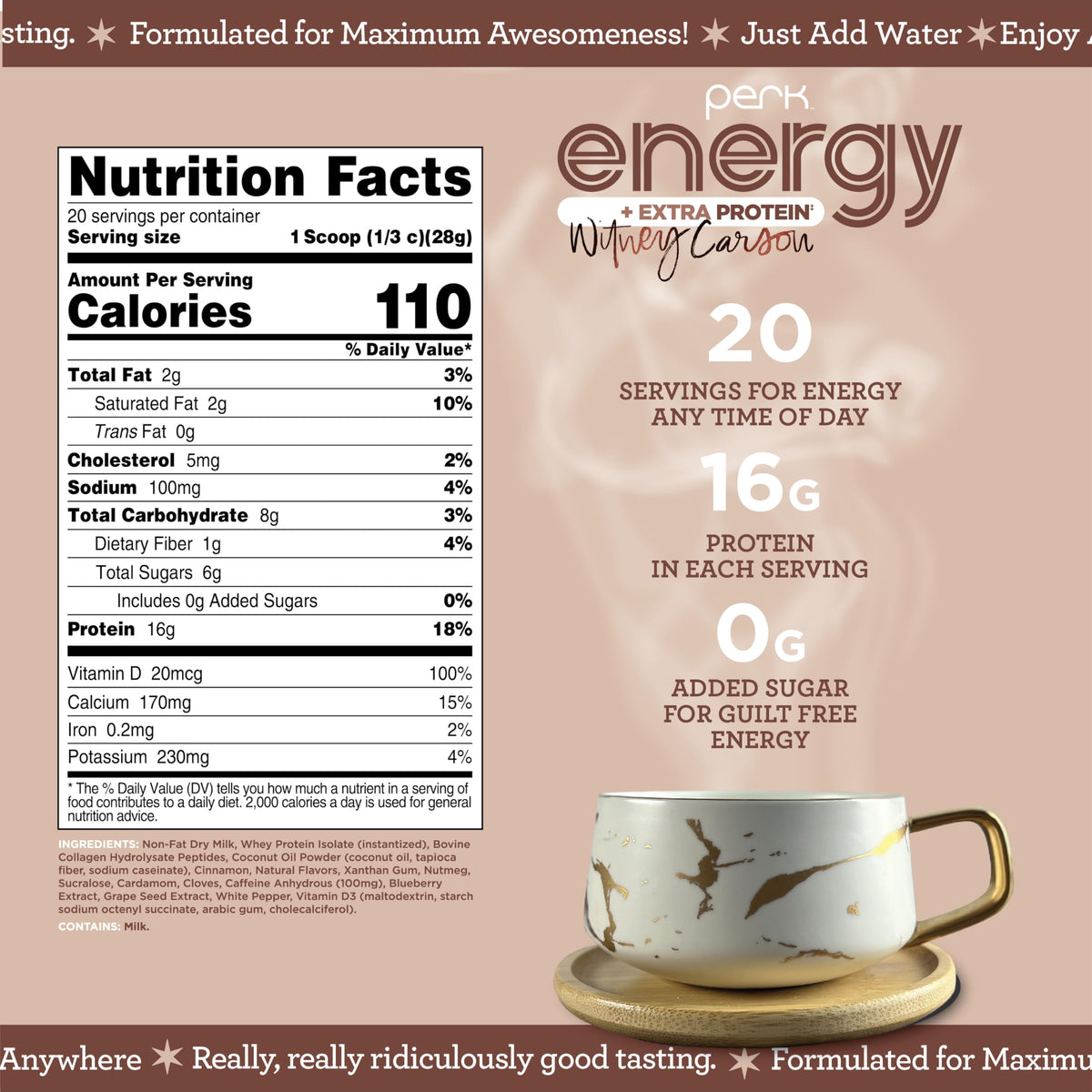 Perk Energy + Extra Protein Powder scoop highlights convenient protein and caffeine on the go
