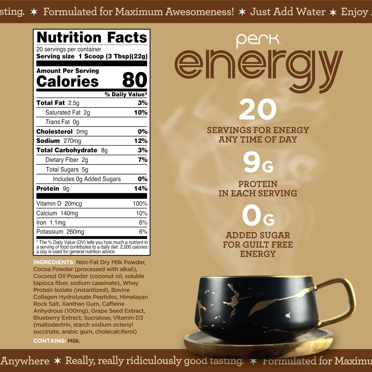 Perk Energy Drink Mix cup ready for a warm, caffeinated protein boost.