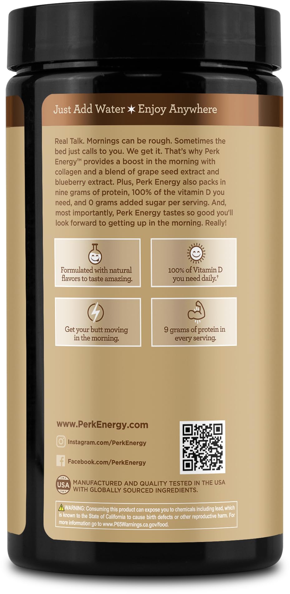 Perk Energy Drink Mix scoop stirred into milk for creamy protein.
