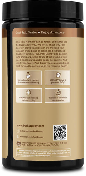 Perk Energy Drink Mix scoop stirred into milk for creamy protein.