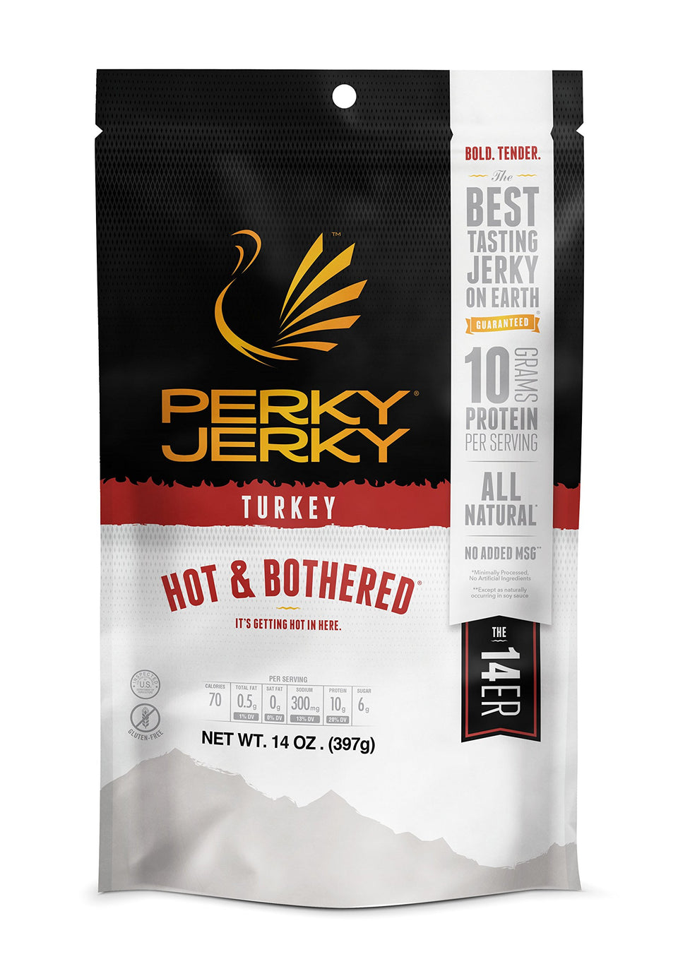 Perky Jerky Hot & Bothered turkey jerky bag with bold spice and protein.