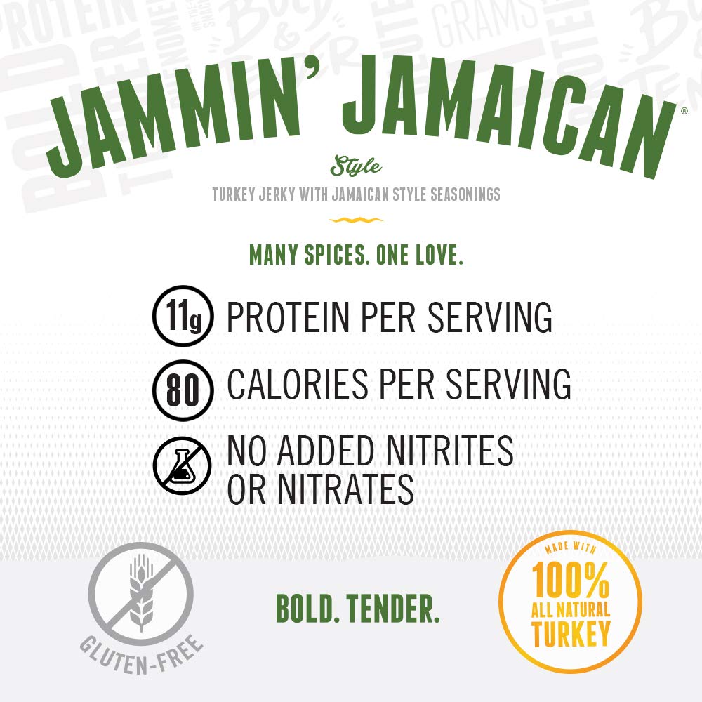Perky Jerky Jammin' Jamaican spice-glaze close-up emphasizes tropical flavor and snack versatility.