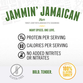 Perky Jerky Jammin' Jamaican spice-glaze close-up emphasizes tropical flavor and snack versatility.