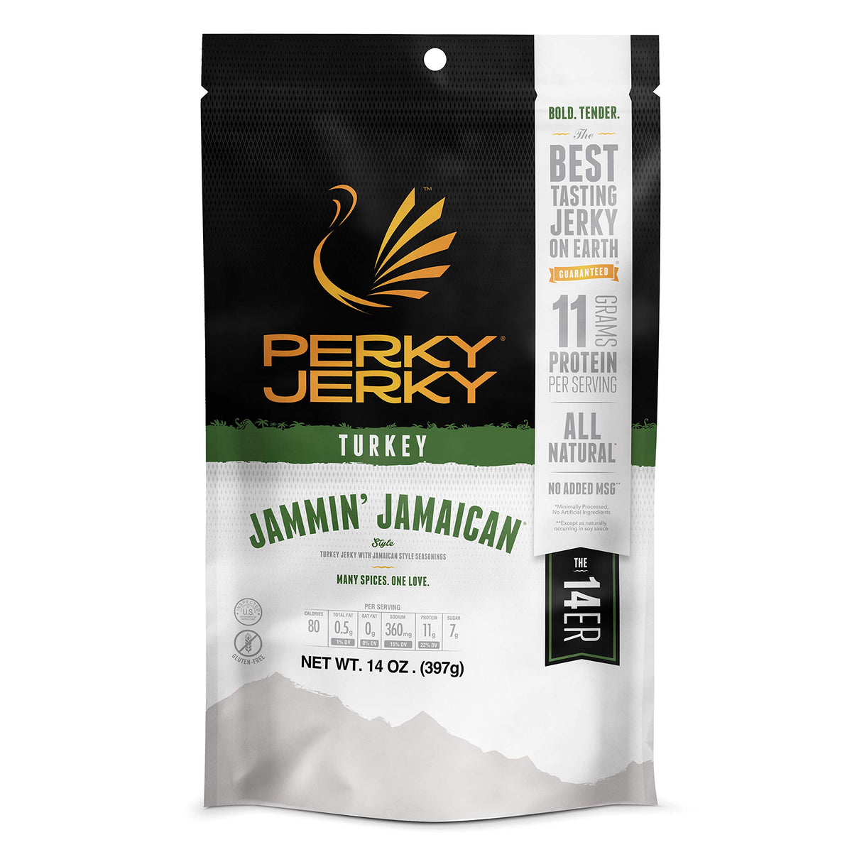 Perky Jerky Jammin' Jamaican turkey jerky in a bag, bold island flavors for on-the-go protein.