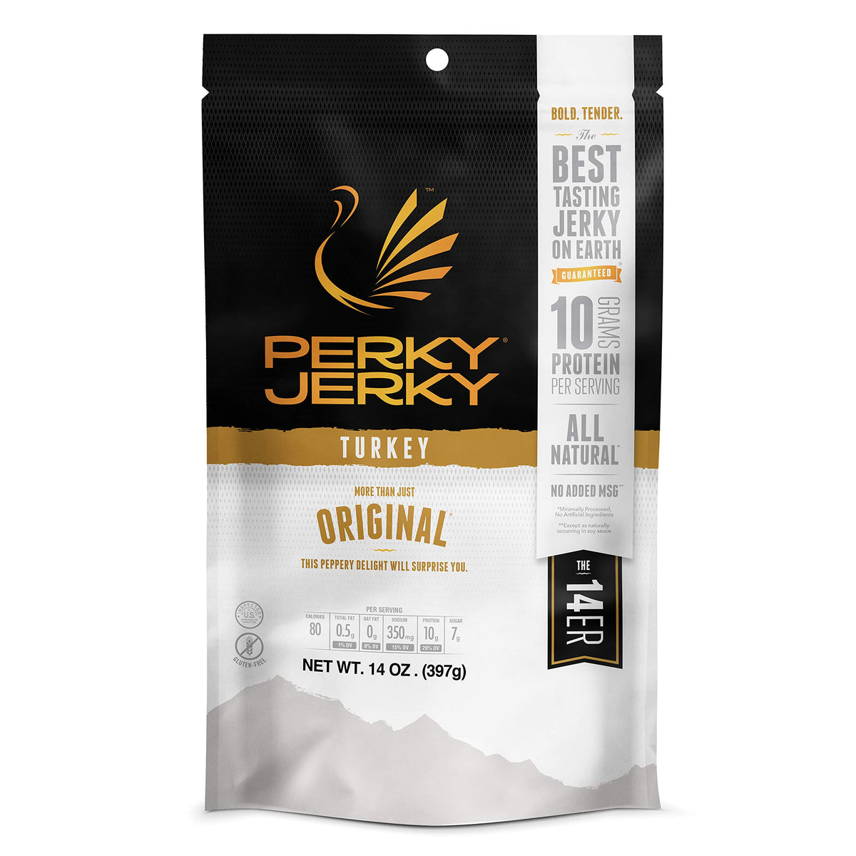 Perky Jerky Original Turkey Jerky 14oz bag shows bold flavor for snacking