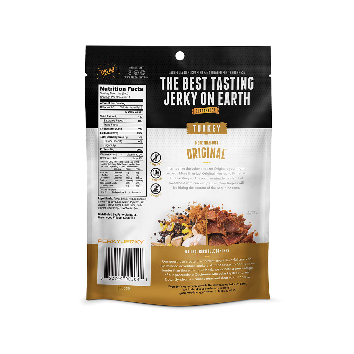 Perky Jerky Original Turkey Jerky nutrition label with 10g protein per serving and low fat