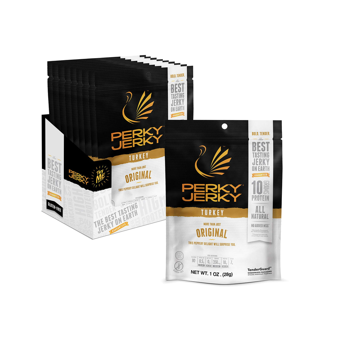 Perky Jerky Original Turkey Jerky pack front highlights bold flavor and low sodium