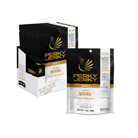 Perky Jerky Original Turkey Jerky pack front highlights bold flavor and low sodium