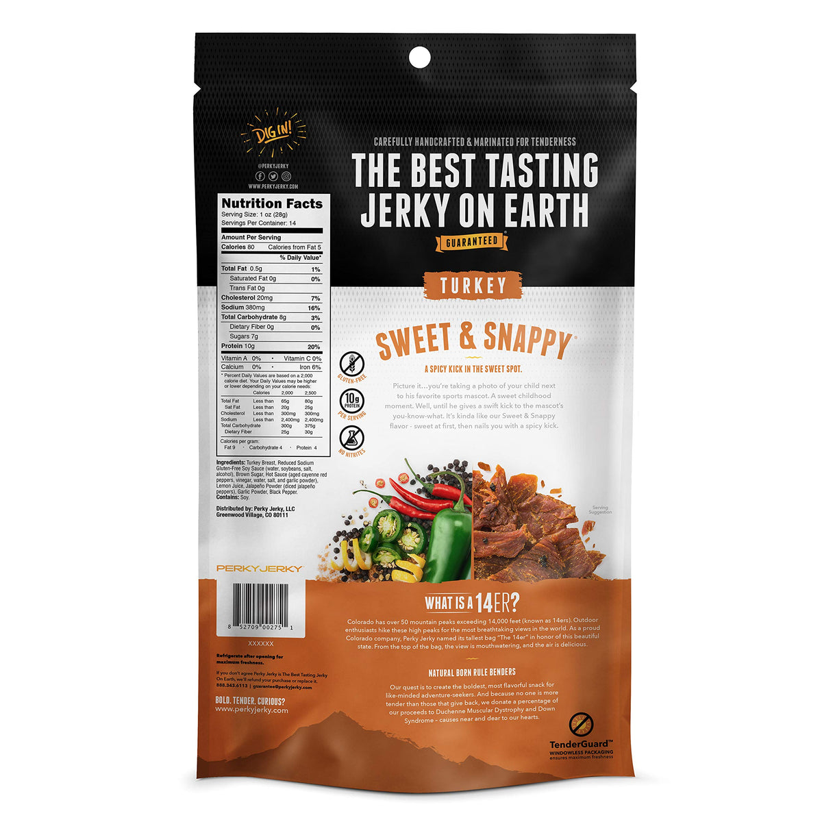 Perky Jerky resealable 14oz bag ready for on-the-go protein.