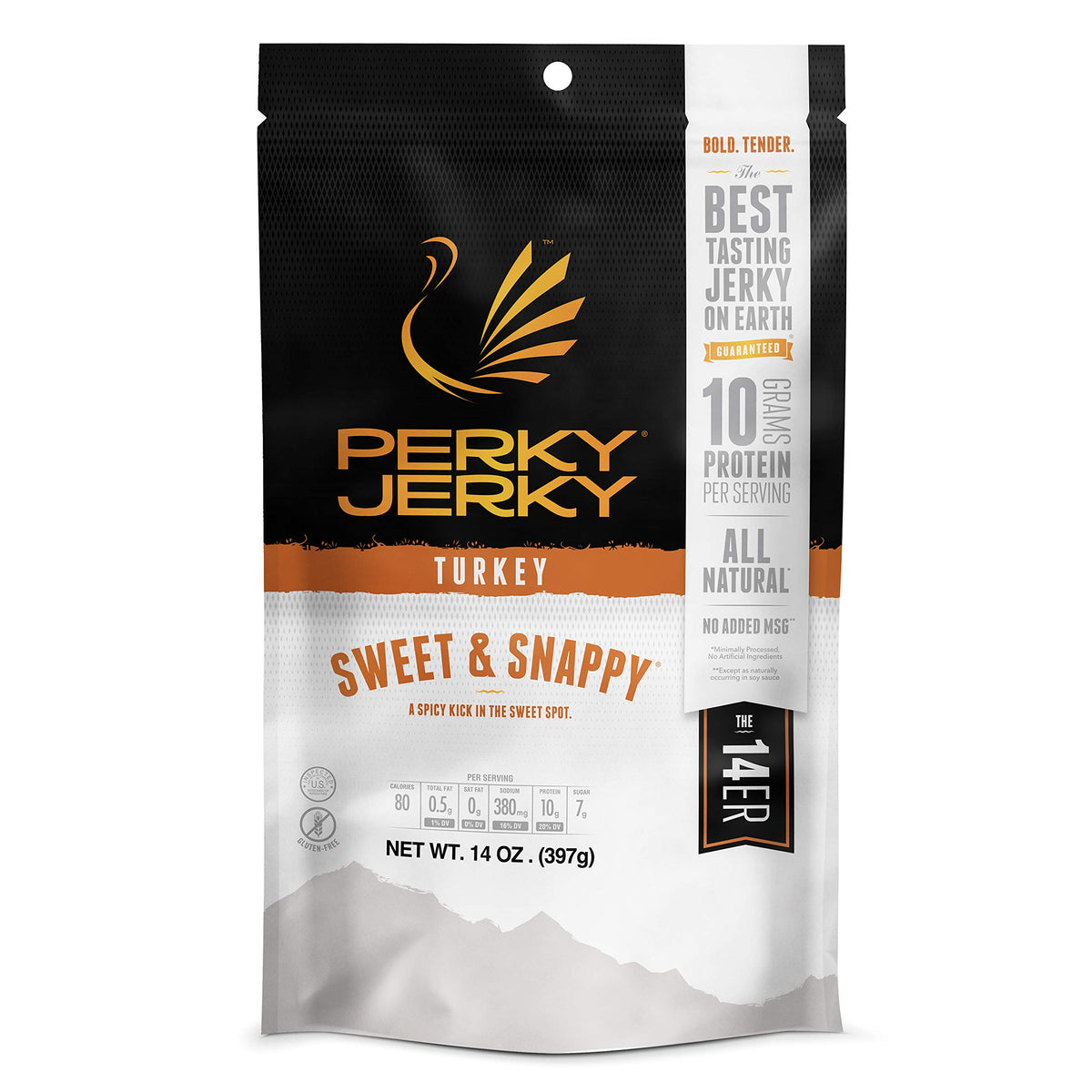 Perky Jerky Sweet and Snappy turkey jerky pack showing bold flavor and protein.