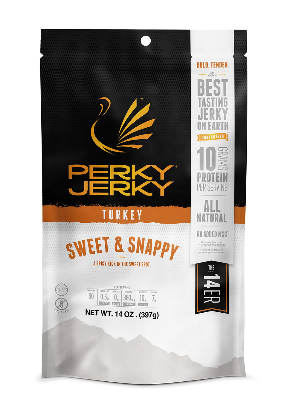 Perky Jerky Sweet and Snappy turkey jerky 14oz pack with bold flavor and protein boost.