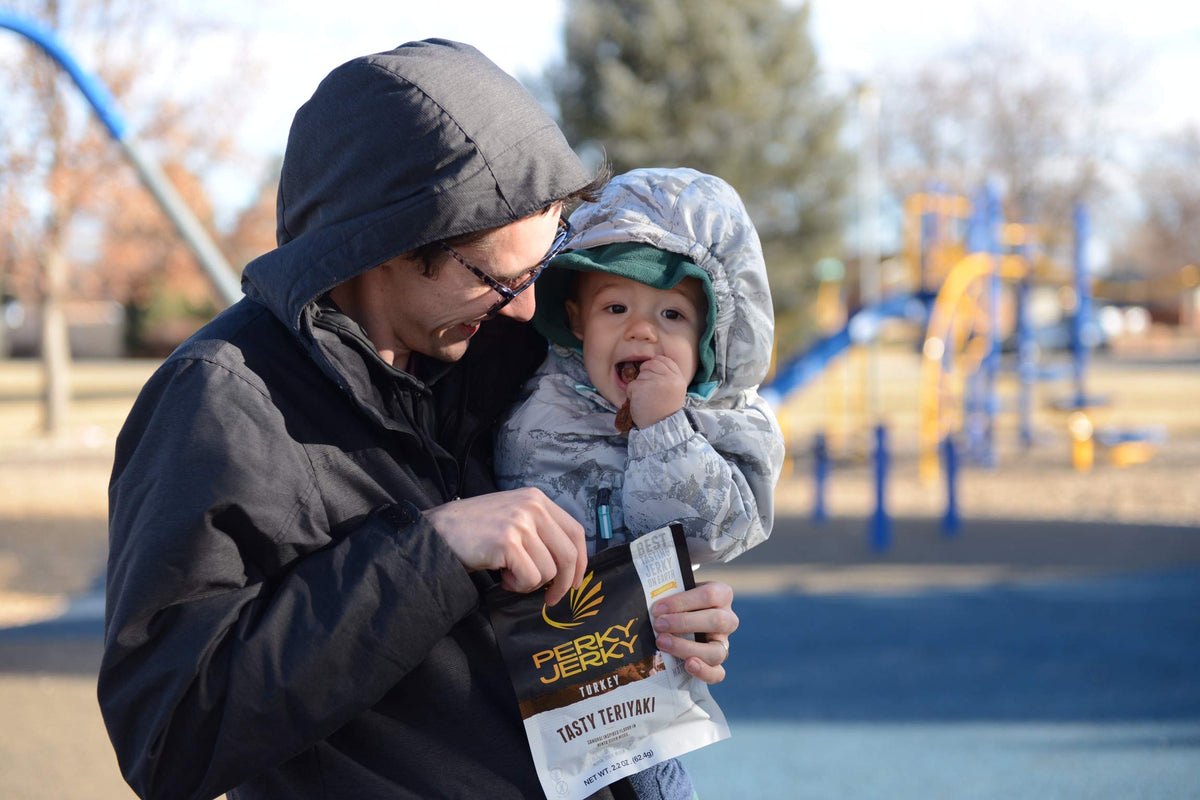 Gym bag-ready Perky Jerky Teriyaki during a workout snack.
