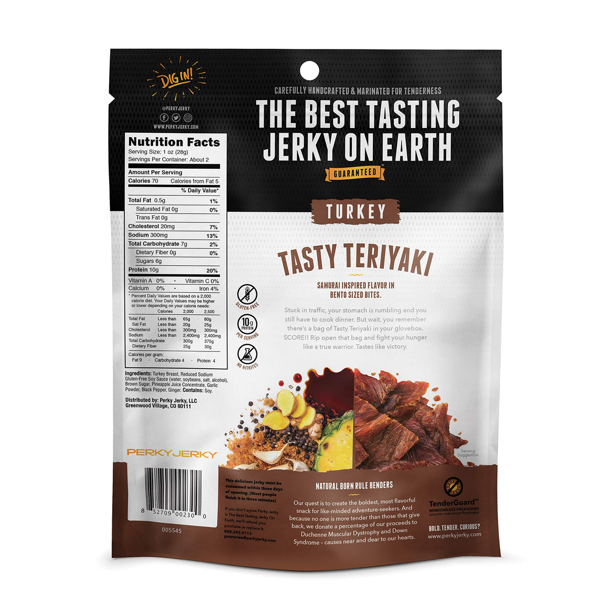 Perky Jerky Teriyaki turkey jerky marinade close-up highlights bold flavor