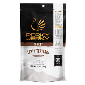 Perky Jerky Teriyaki packaging shows bold flavor in a 14oz bag.
