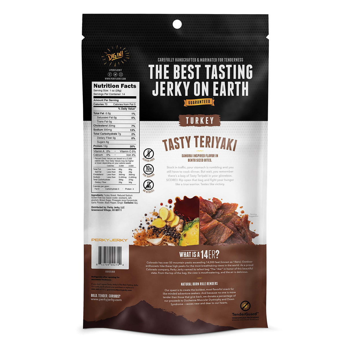 Close-up of chewy Perky Jerky Teriyaki texture.