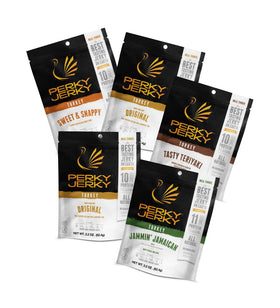 Perky Jerky turkey variety pack bags show bold flavors for a convenient protein snack.