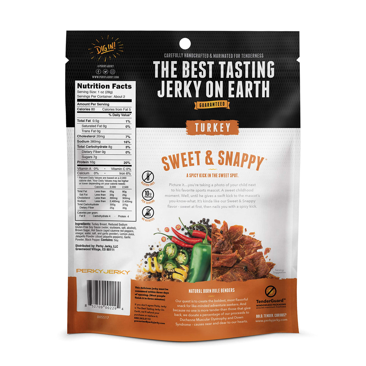 Perky Jerky Sweet and Snappy bag pairs satisfying chew with aroma appeal.