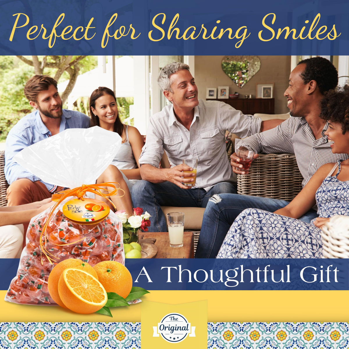 Capri-inspired scene with Amalfi orange drops on a coastal backdrop