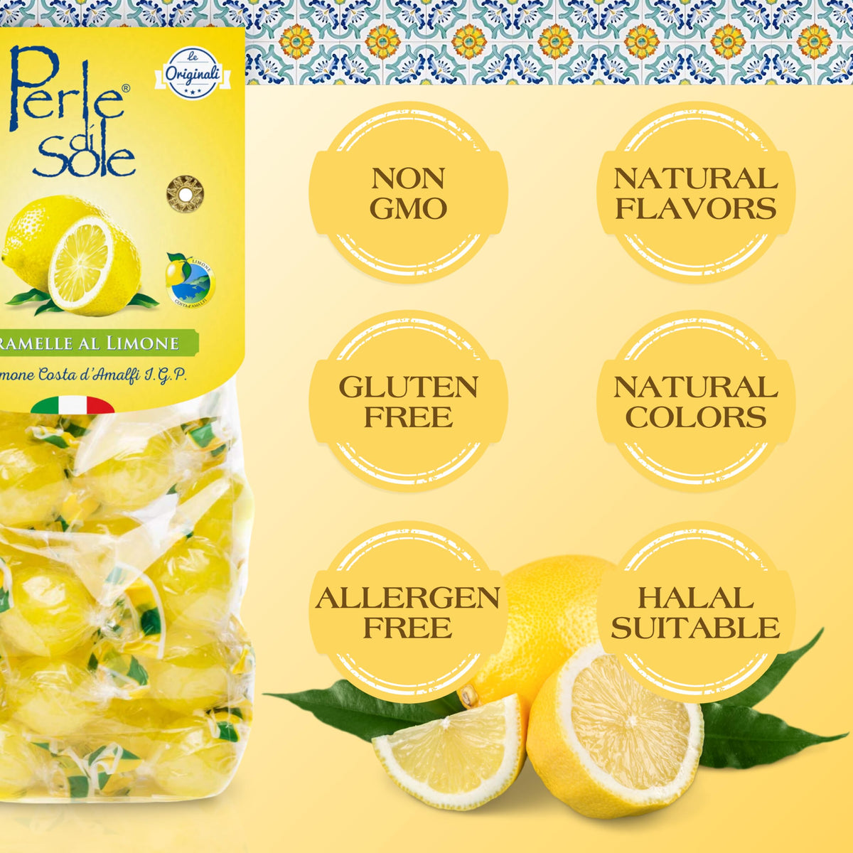 Perle di Sole Italian lemon candies from Amalfi coast evoke authentic coastal flavors.