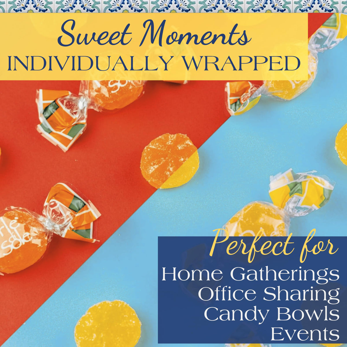 Perle di Sole glass bag display presents elegant Italian treats.
