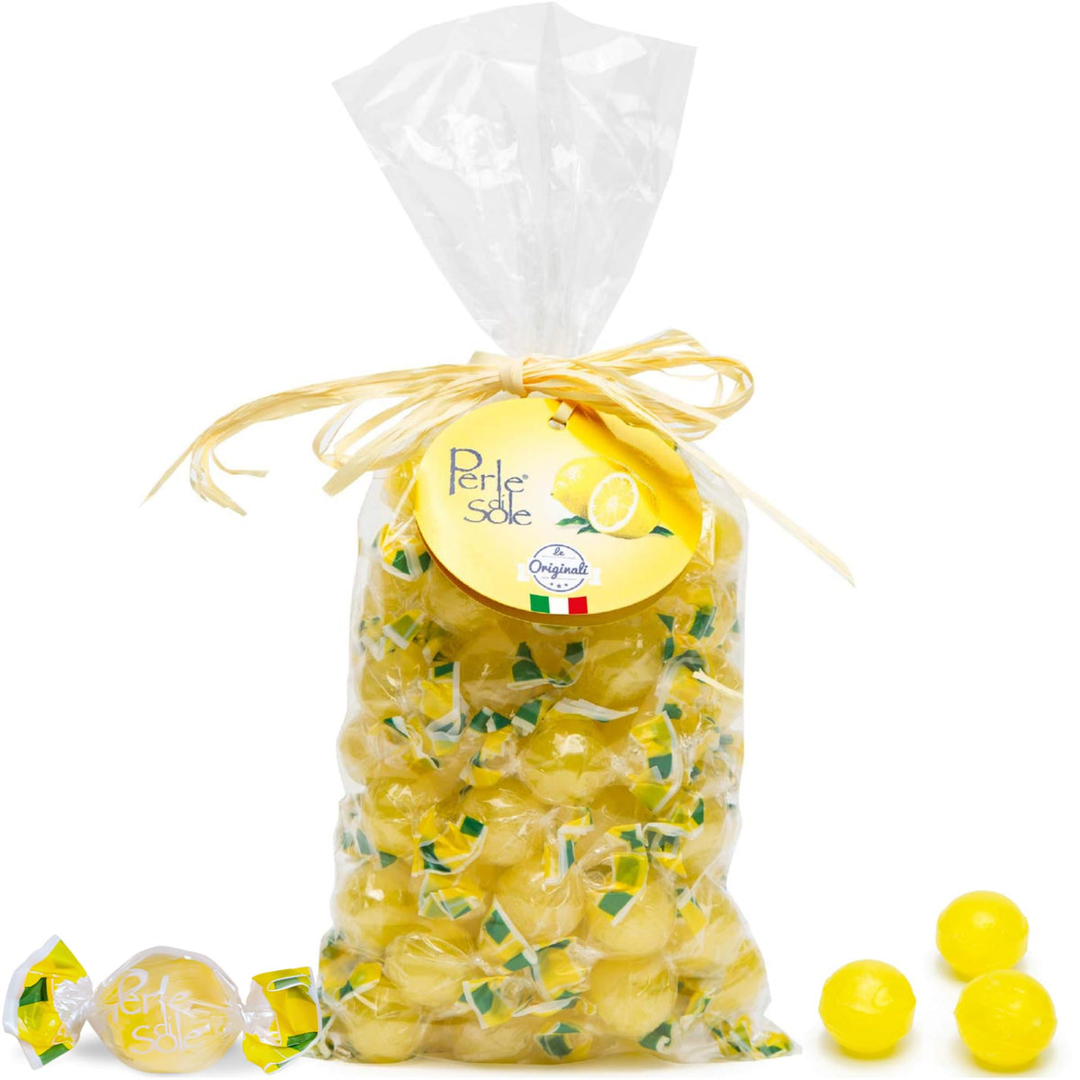 Perle di Sole lemon candy drops close-up shows fizzy core for a refreshing treat.