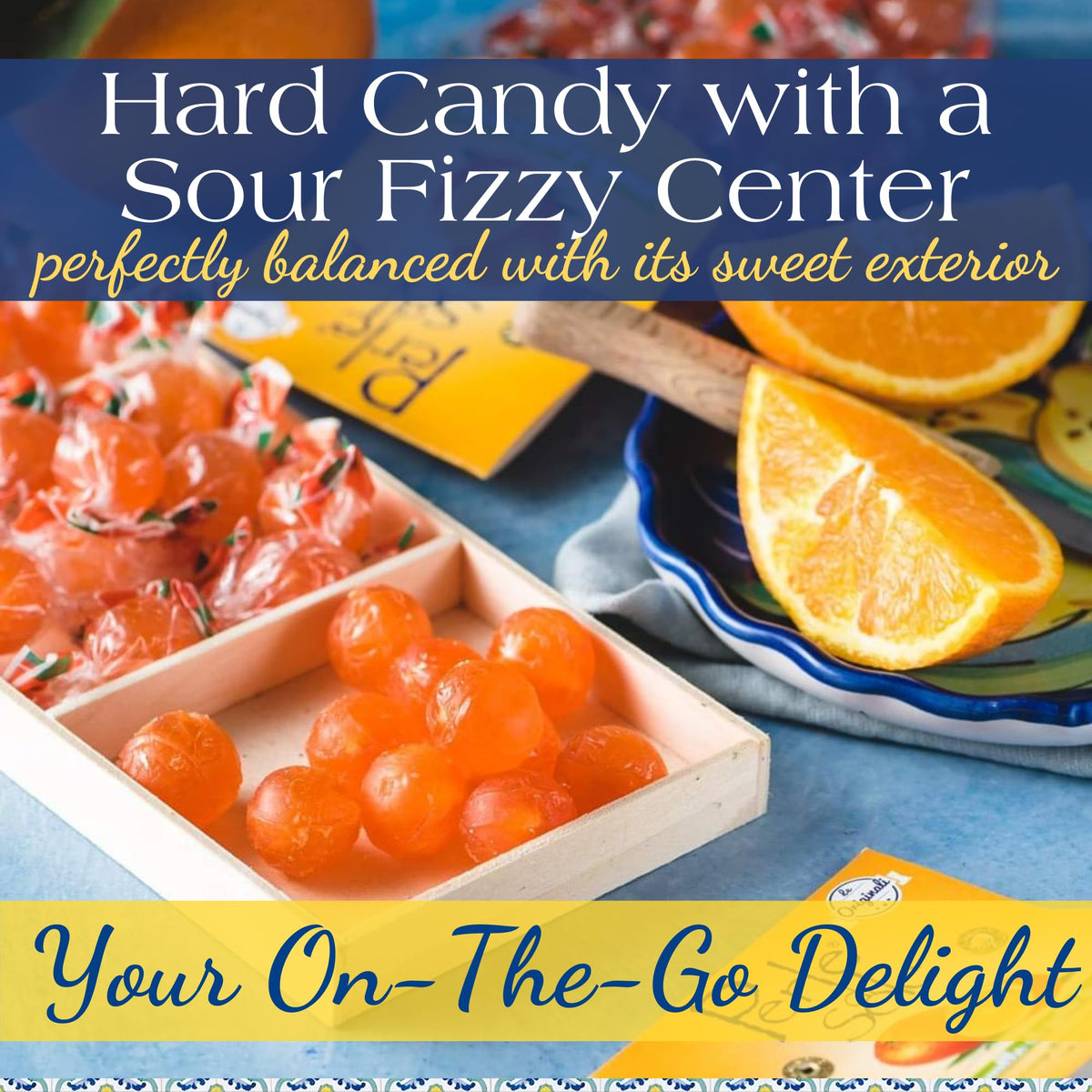 Perle di Sole orange hard candy Amalfi origin, authentic Italian taste.
