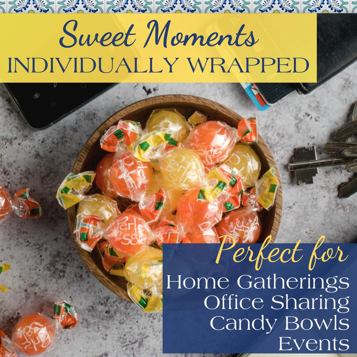 Perle di Sole orange hard candy gift-ready, perfect for celebrations.