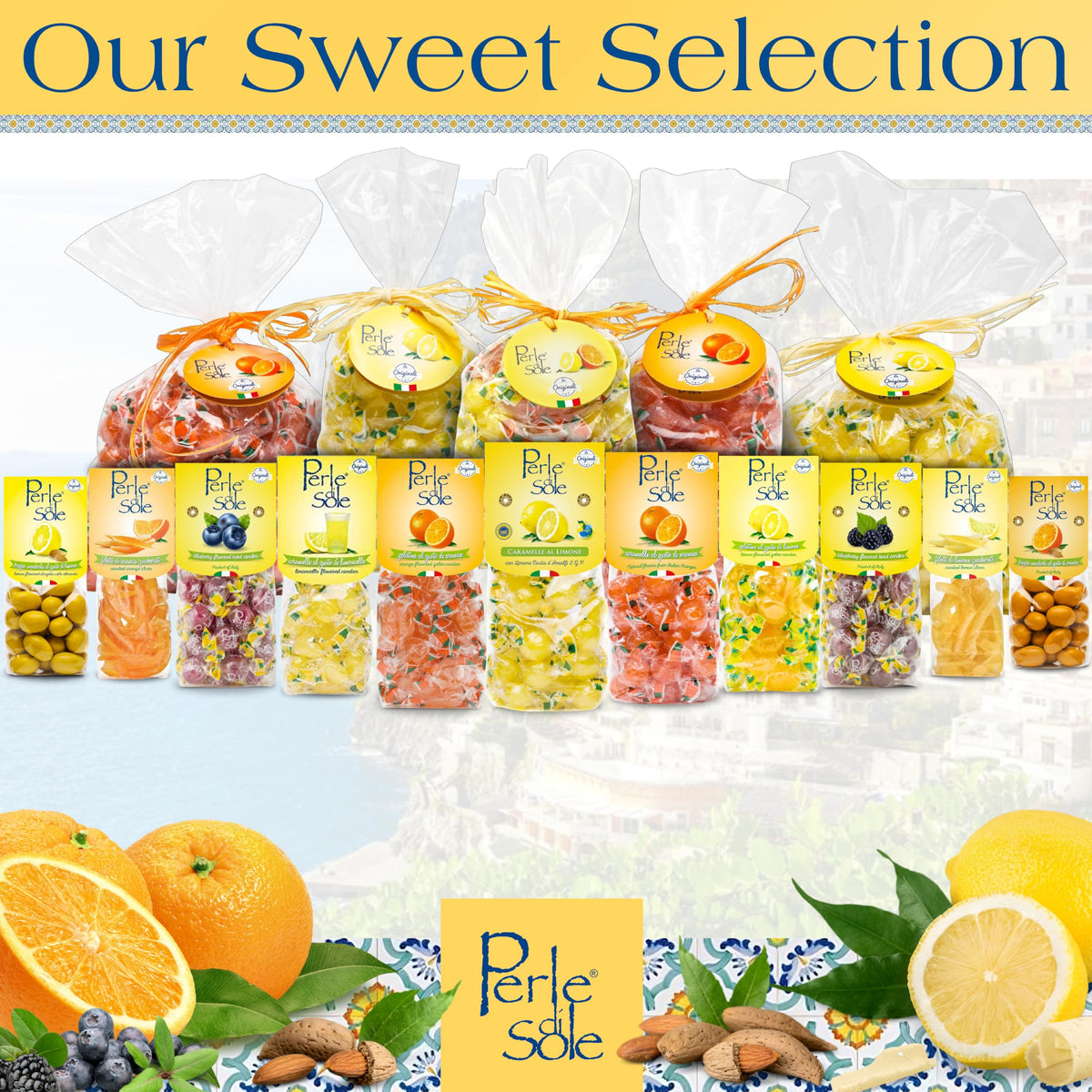 Perle di Sole orange hard candy Italian heritage, sun-kissed flavor.