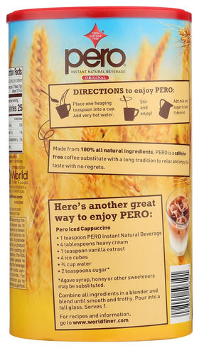 Close-up of Pero Instant Natural Beverage packaging emphasizing natural ingredients.