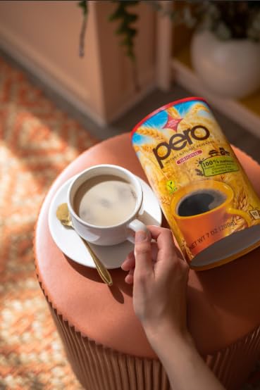 Pero Instant Natural Beverage pack3 canister back view showing ingredients and decaf appeal