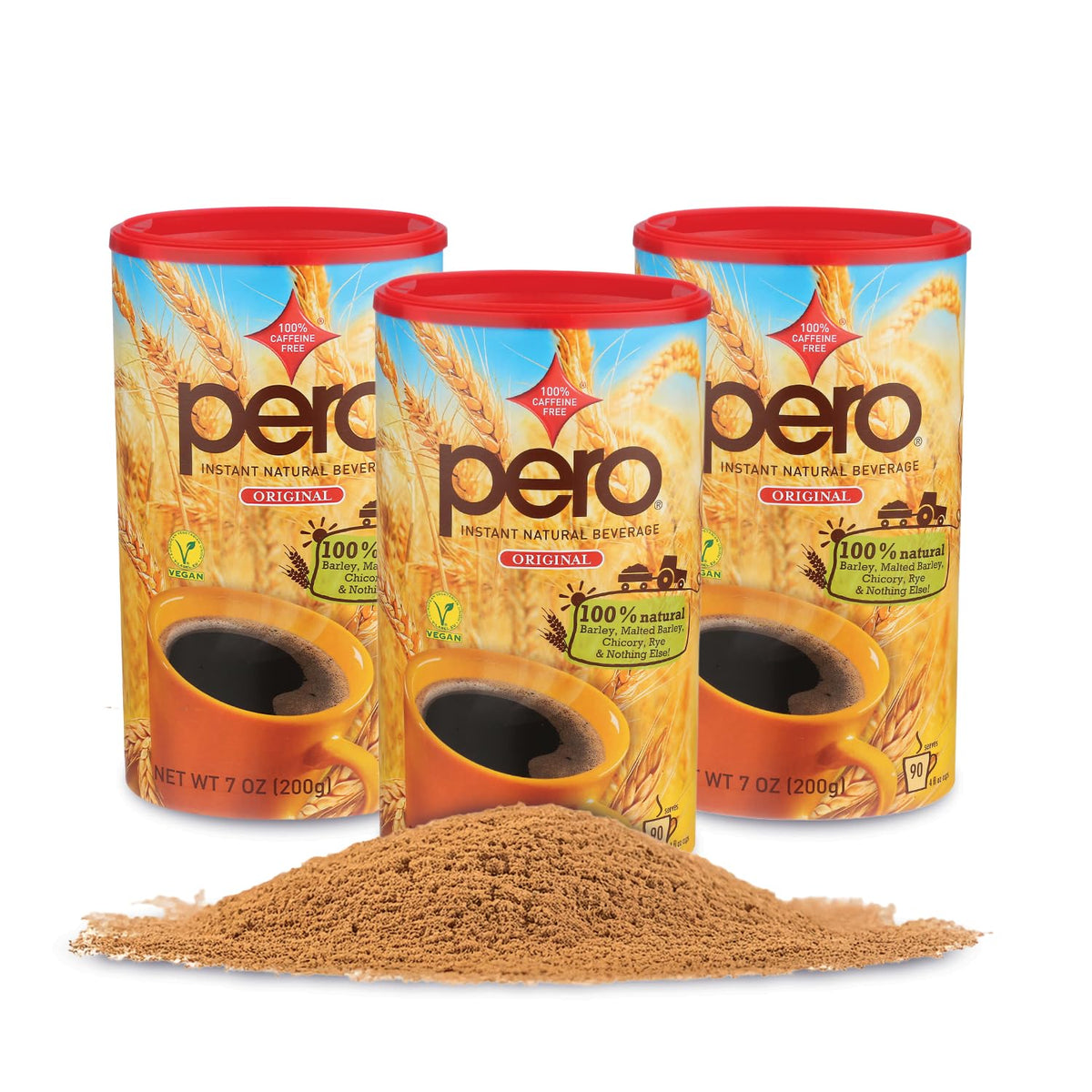 Pero Instant Natural Beverage pack3 canister front view for a ready-to-mix caffeine-free experience