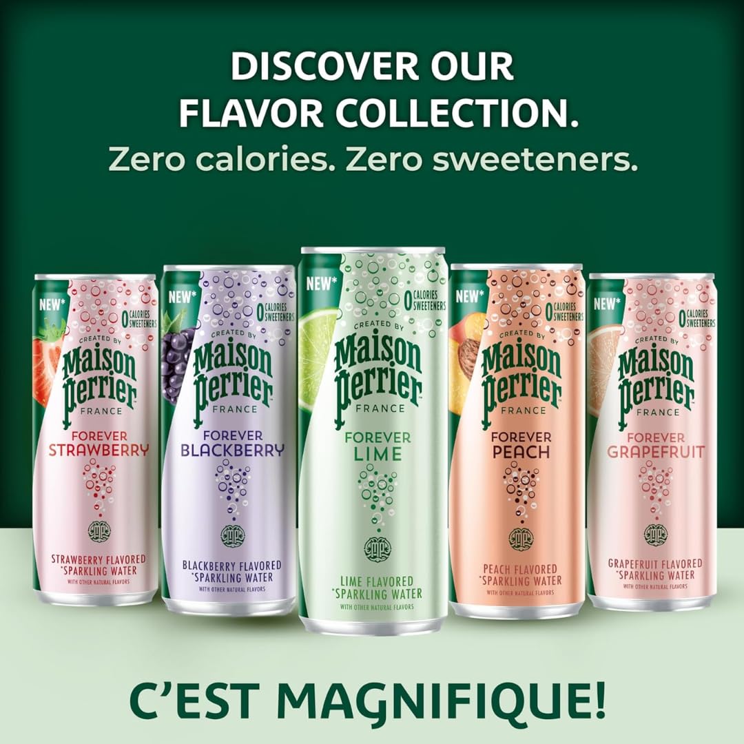 Perrier Forever flavors label collection—crisp carbonation for lively sips.