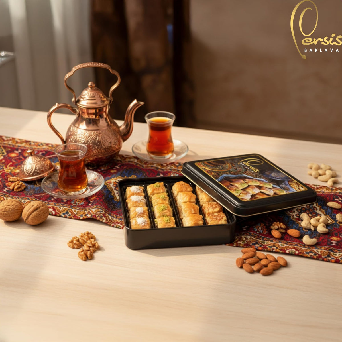 Close-up of nut medley with cashews and pistachios in Persis baklava.