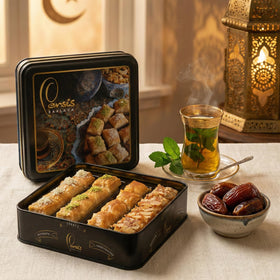 Assorted vegan baklava flavors with almond, walnut, finger, and semolina.