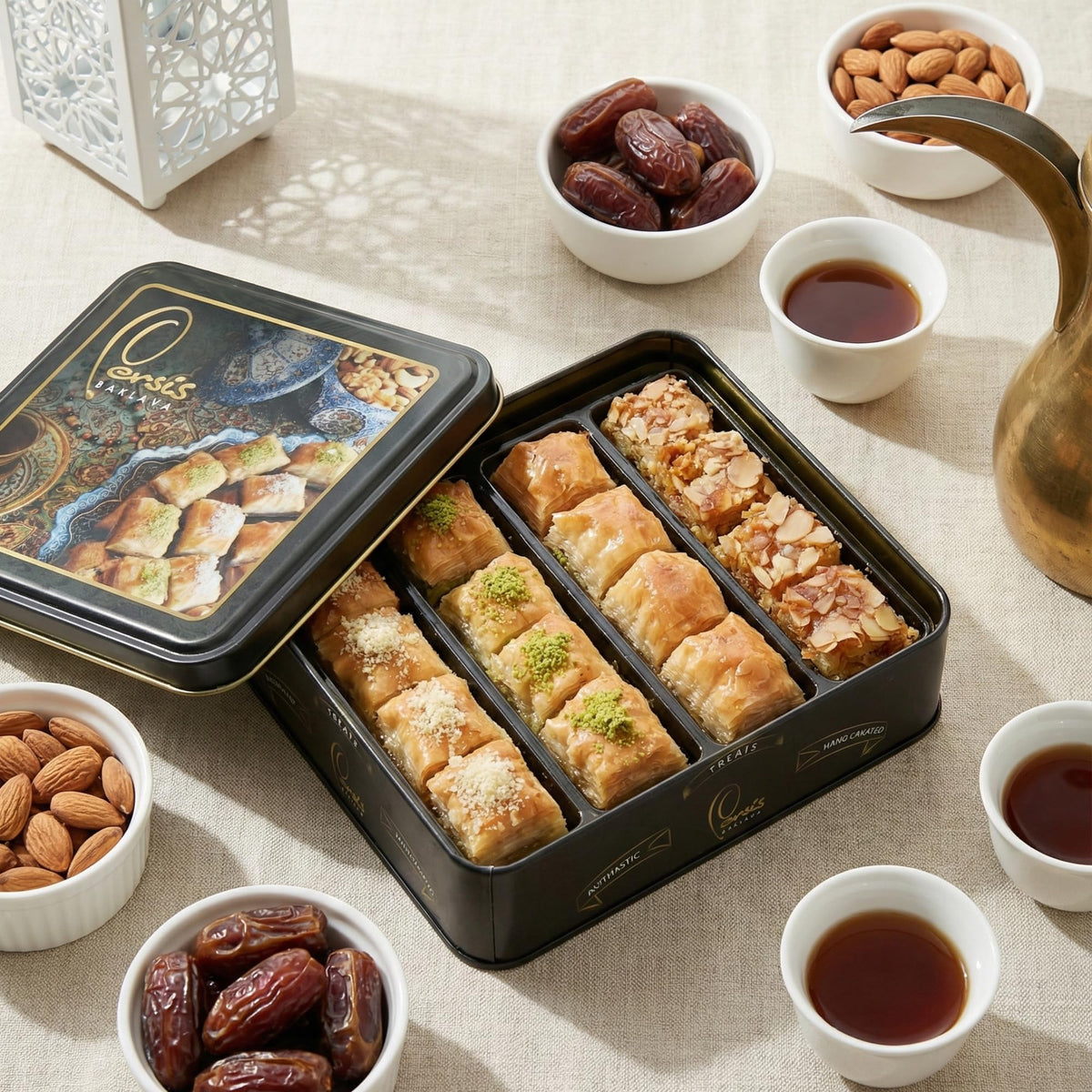 Persis premium vegan baklava gift box embossed tin packaging for gifting.