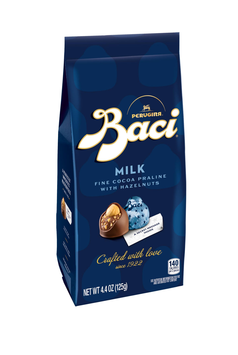 Perugina milk chocolate truffle bag close-up, creamy hazelnut filling ideal for sharing.