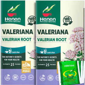Peruvian Naturals Hanan Valerian Tea packaging showcasing pure valerian roots for calm nights