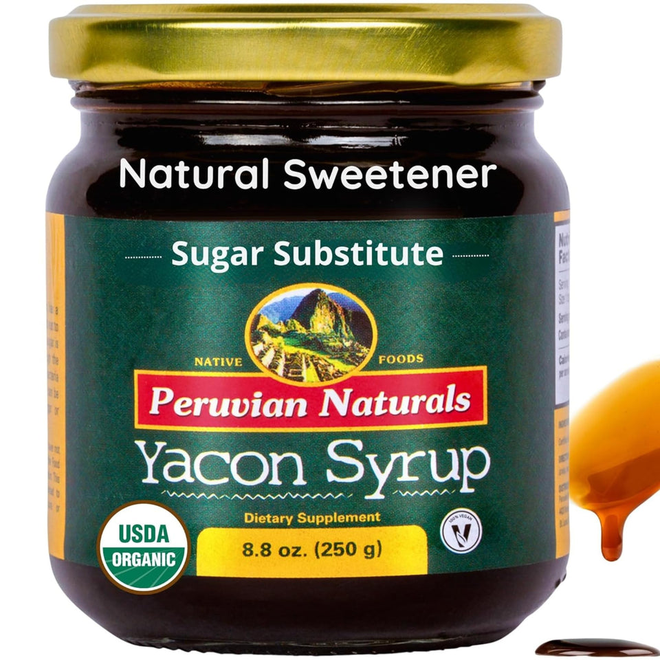 Peruvian Naturals Organic Yacon Syrup bottle pour for low-calorie sweetness.