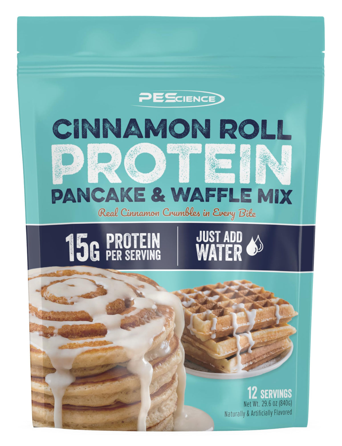 PEScience Cinnamon Roll pancake mix in a bowl, fluffy protein pancakes for a protein-packed breakfast.