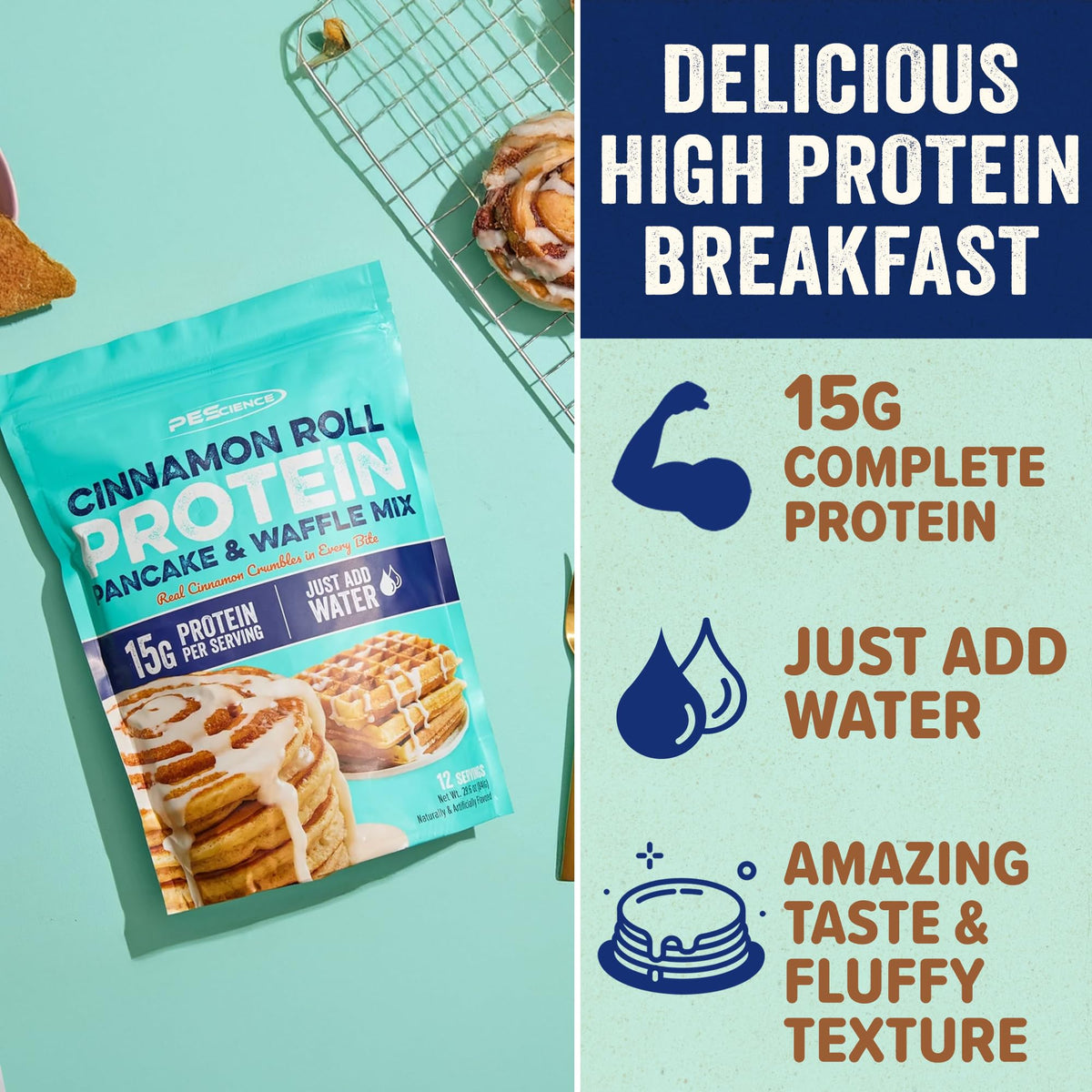PEScience Cinnamon Roll waffles batter poured into a waffle iron for crisp, high-protein waffles.