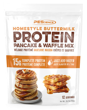 PEScience Protein Pancake Mix bottle with scoop highlights quick, protein-packed breakfast