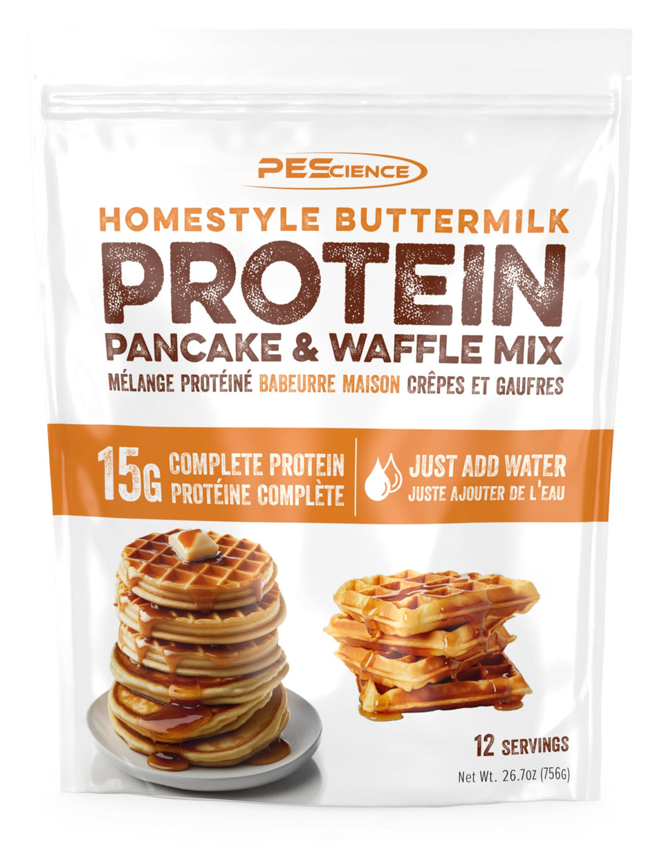 PEScience Protein Pancake Mix bottle with scoop highlights quick, protein-packed breakfast