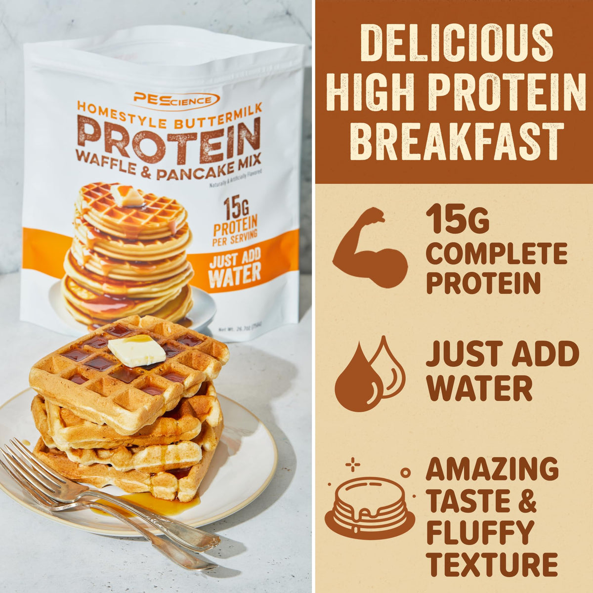 PEScience Protein Pancake Mix cooking pancakes image shows easy, just add water preparation