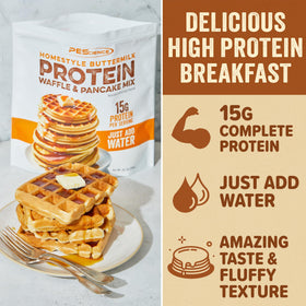 PEScience Protein Pancake Mix cooking pancakes image shows easy, just add water preparation