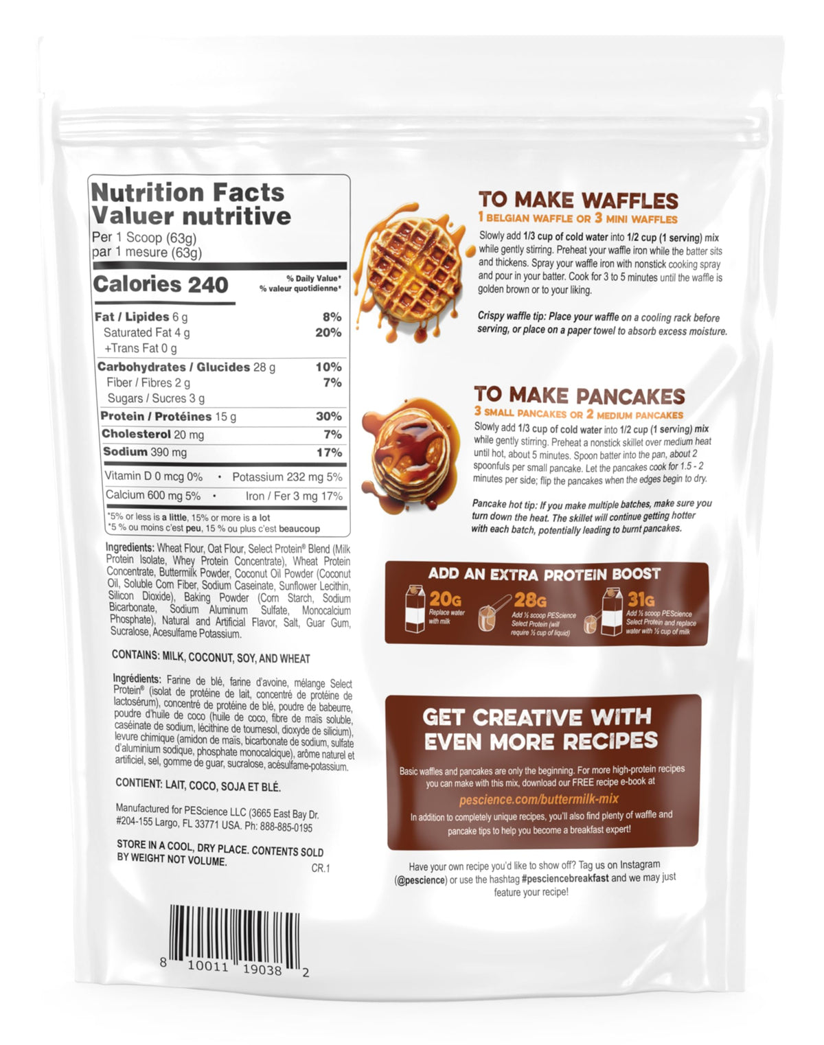 PEScience Protein Pancake Mix powder close-up emphasizes whey and casein blend for muscles